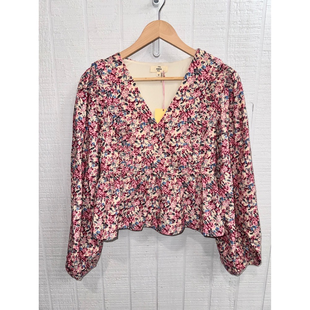 Entro Peplum Top Women Pink Floral Balloon Sleeve V-Neck NWT M